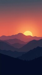 A minimalist silhouette of mountains at sunset, with a gradient sky transitioning from day to night