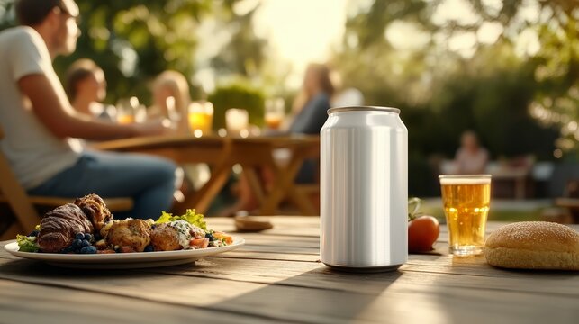 A sunny outdoor setting with food, drinks, and people enjoying a casual gathering.