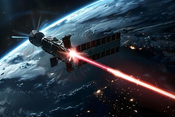 Space military satellite, a weapon in space shoots a laser against the background of the earth. Attack, technology, space war. mixed medium, copy space. image furnished 