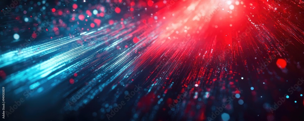 Poster vibrant light rays and bokeh effects in red and blue hues create a dynamic and energetic visual atmo