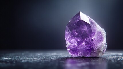 Solitary Amethyst Gem, a single purple amethyst crystal illuminated against a dark backdrop, showcasing its intricate facets and deep color in a minimalist setting, serene and elegant.