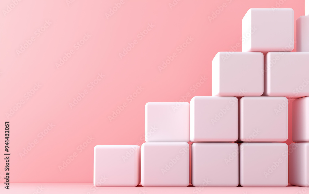 Poster minimalistic image of pink cubes stacked in a staircase pattern against a soft pink background, crea