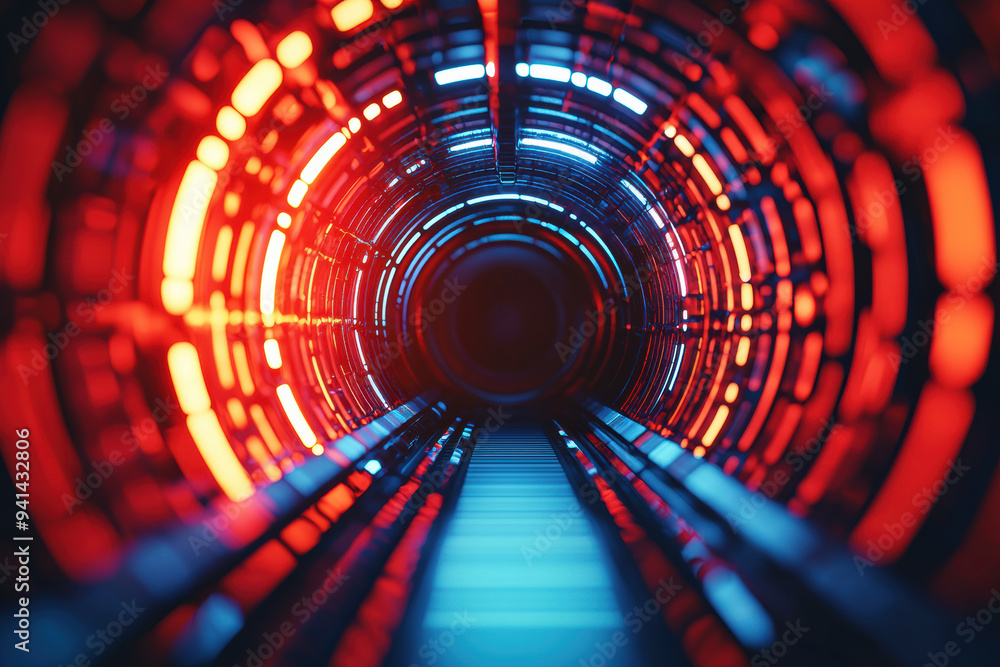 Poster futuristic glowing tunnel with vibrant colors, creating a sense of high-tech innovation and forward 