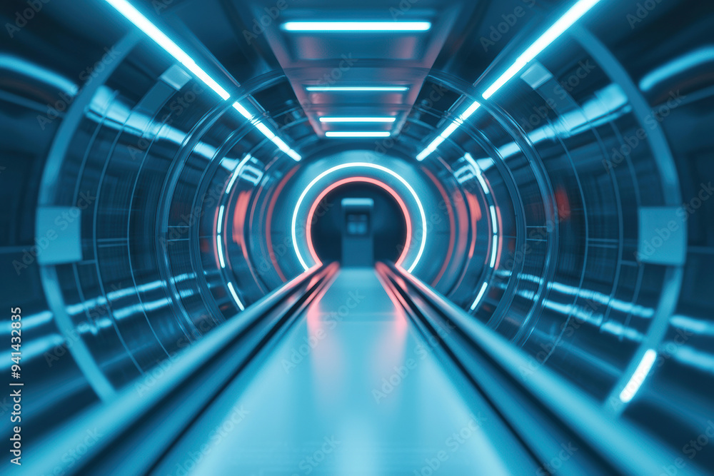Poster futuristic tunnel with neon lights creating a sci-fi setting, perfect for themes of technology, inno