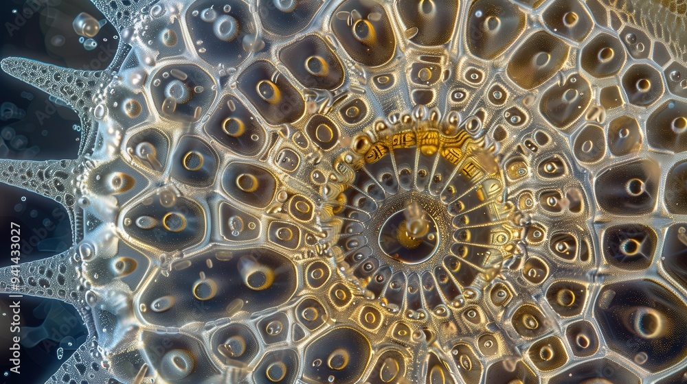 Poster magnified view of a diatom, showcasing the intricate silica shell and unique patterns of this micros