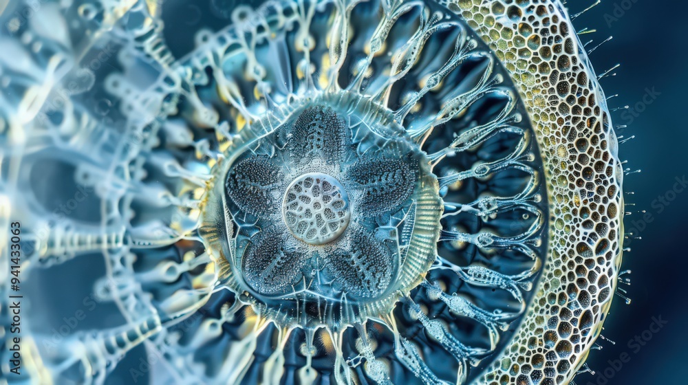 Poster magnified view of a diatom, showcasing the intricate silica shell and unique patterns of this micros