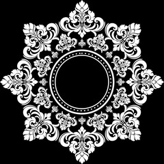 Black and white Round ornament damask.round damask frame design.Ethnic plant circle, border. Frame flower and leaves ring.