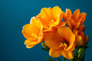 A bouquet of orange flowers with yellow centers. The flowers are arranged in a vase and are placed on a blue background. The flowers are vibrant and lively, creating a cheerful and uplifting mood