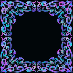 A vibrant, multicolored decorative frame with intricate, swirling patterns in shades of blue, purple, and pink, set against a deep black background. The ornate design enhances 