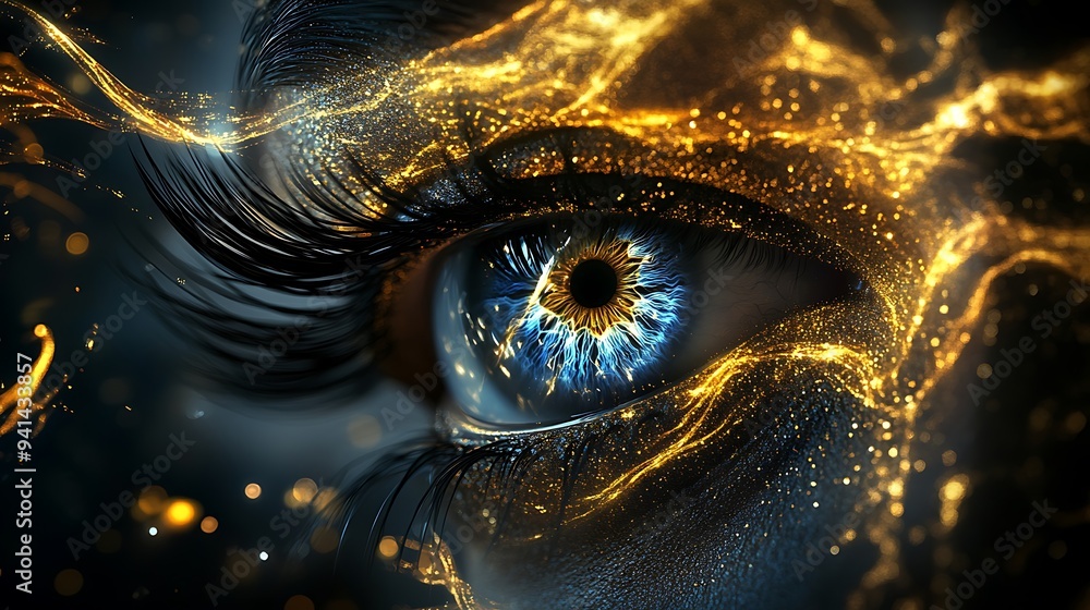 Aufkleber mesmerizing eye of the unknown: abstract 3d rendering with liquid gold and glowing blue iris in myst
