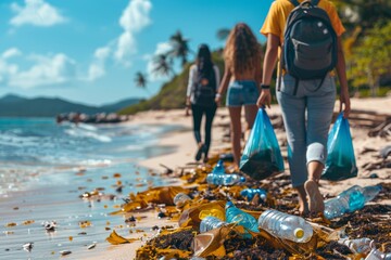 Group of volunteers cleaning up a polluted beach, promoting environmental conservation.