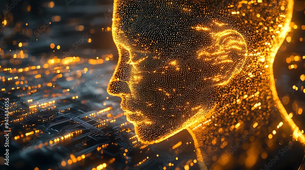 Poster a digital human figure, surrounded by a network of glowing data, represents the future of artificial