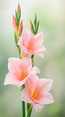 Fototapeta premium Pink flowers with green stems. The flowers are in a row and are the same color