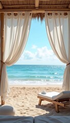 Obraz premium A cozy beach cabana with white curtains billowing in the breeze, overlooking the ocean