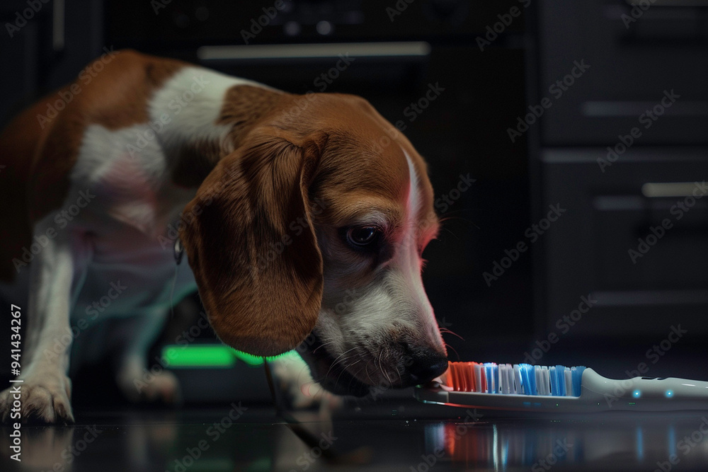 Poster adorable beagle puppy sitting and looking up with a cute expression, captured in a studio setting