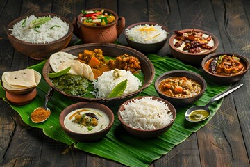 A vibrant Indian meal served on a banana leaf, showcasing various dishes and rice.
