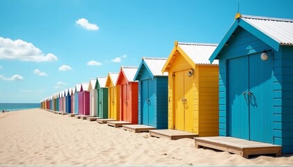 A row of vibrant colorful beach huts lined up along the shoreline with a bright sky overhead