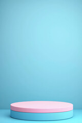 Minimalist pastel blue and pink podium on empty light blue background, perfect for product display or advertisement. Clean and modern design.