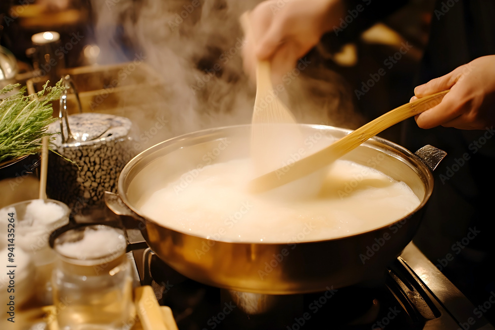 Wall mural traditional japanese miso soup preparation, miso paste being mixed into hot water, with steam rising