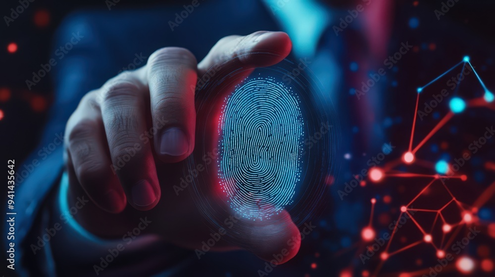 Poster network security is enhanced as a businessman scans his fingerprint to unlock access to sensitive da