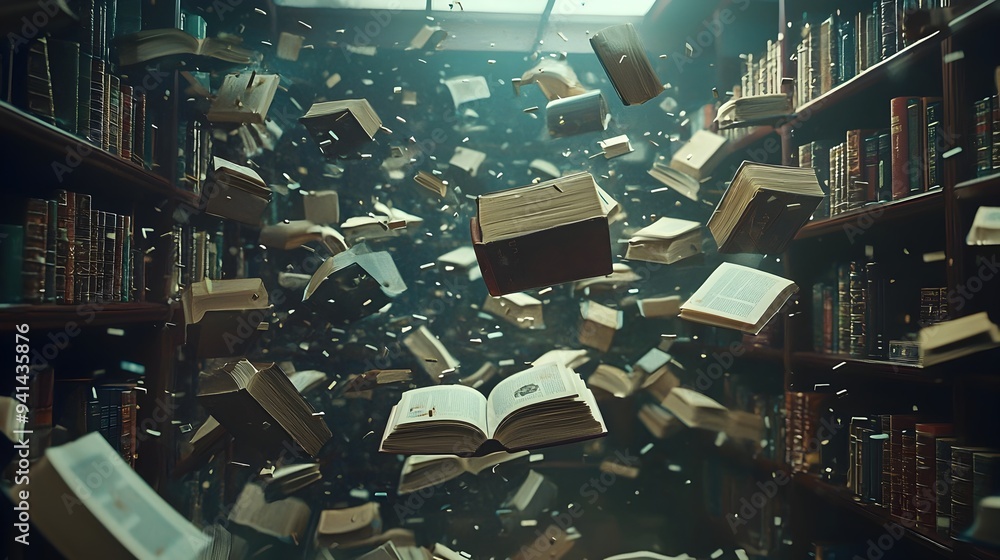 Poster surreal floating books in serene library scene symbolizing knowledge and imagination