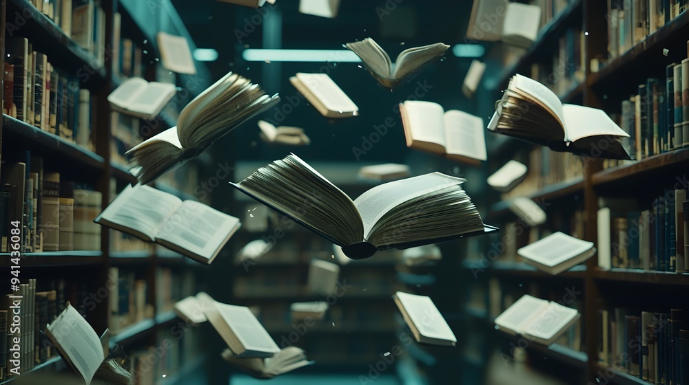Poster surreal floating books in serene library scene,symbolizing knowledge and imagination