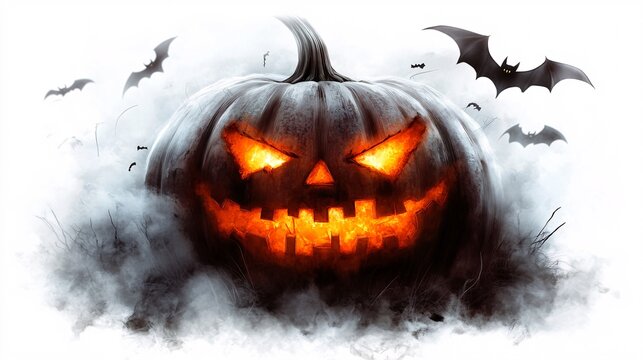 Spooky Halloween Clipart, A Grinning Jack-o'-lantern With Glowing Eyes And A Jagged Smile, Surrounded By Misty Fog And Tiny Bats, Isolated On A White Background,