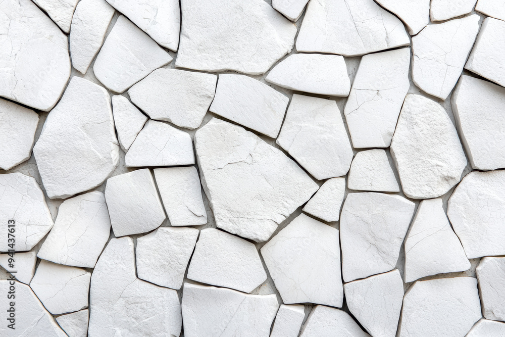 Aufkleber close-up of an abstract white textured stone wall with irregularly shaped stones, creating a modern 