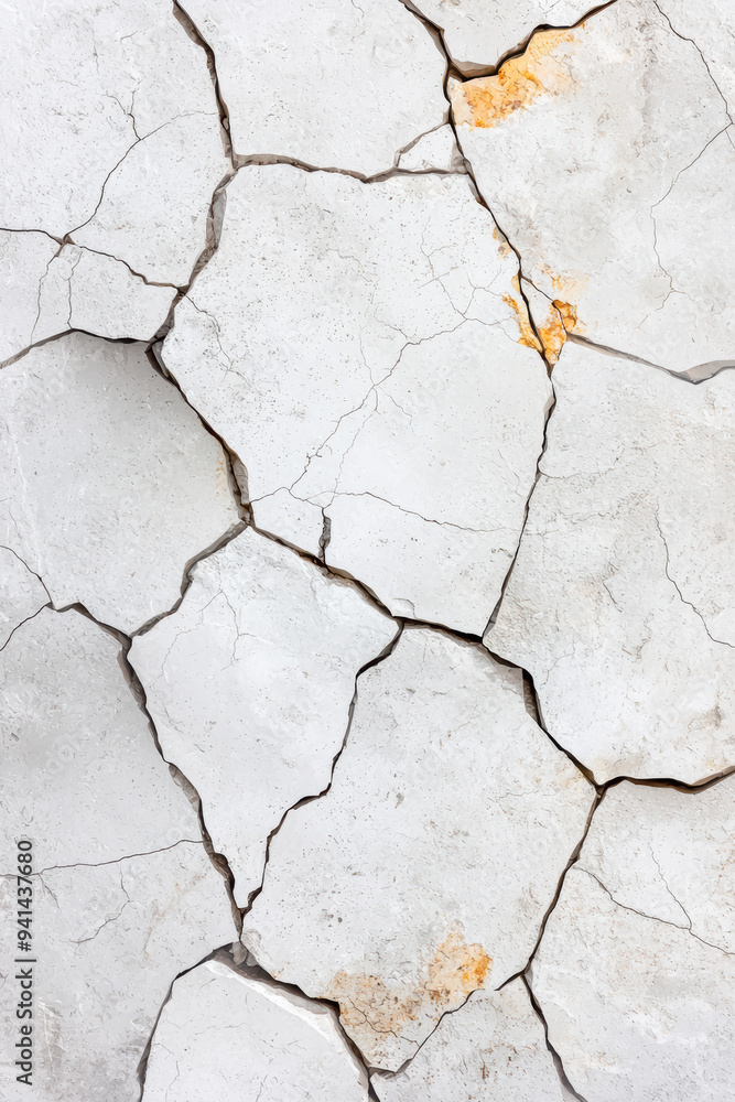 Poster close-up view of cracked and textured white concrete surface, highlighting natural patterns and aged