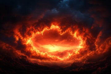 Dramatic clouds illuminated by a fiery sunset create a striking atmosphere, perfect for nature and fantasy themes.