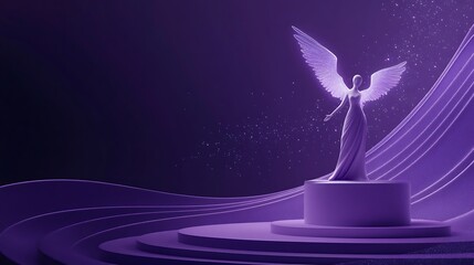 Naklejka premium Celestial Elegance: Lavender Nebula Wave Podium with Angel and Stardust for Product Introduction in Deep Plum - 3D Rendering