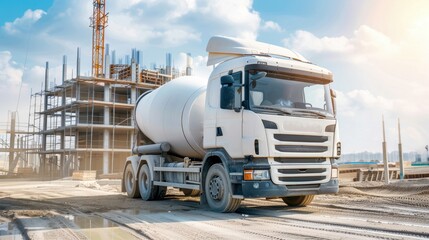 A concrete mixer truck on a construction site, delivering materials under a clear blue sky for building projects.