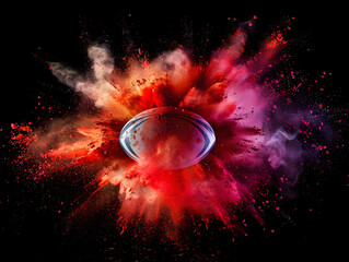 Rugby ball in colored dust on a black background. AI generated. 