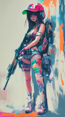 Obraz premium Futuristic Anime Girl with Gun and Weapon Cyborg Synthwave Phone Wallpaper