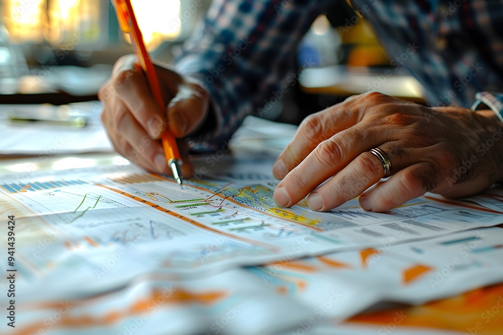 Poster detailed planning: a close-up of hands analyzing maps and notes