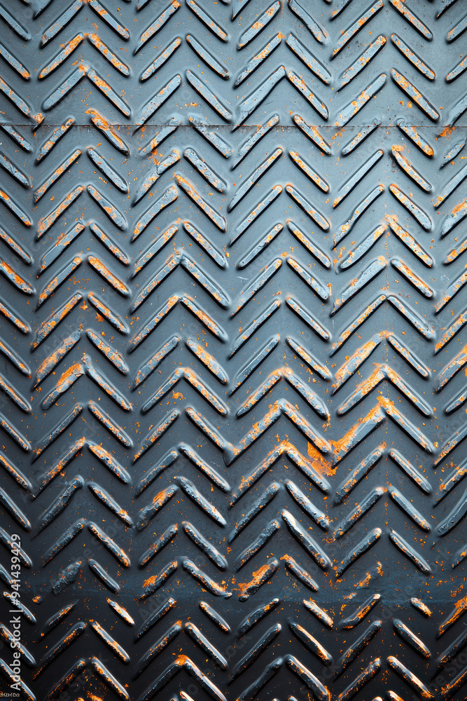 Poster close-up of a textured metal surface with chevron patterns and signs of rust, providing an industria