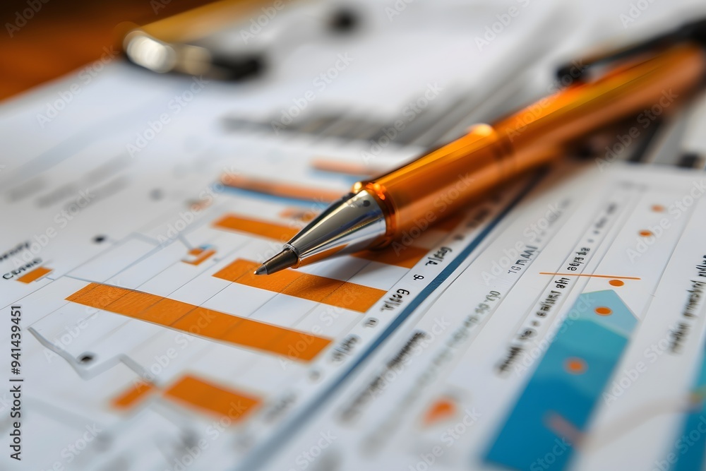 Poster analyzing data trends with graphs and a pen
