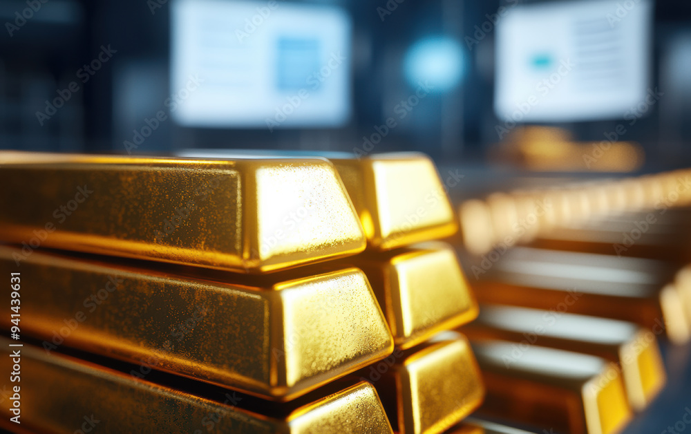 Poster close-up of stacked gold bars shining with bright light. background features financial data on scree