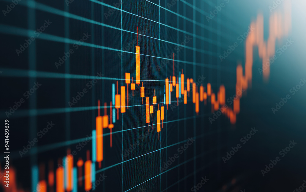 Poster abstract financial data graph with fluctuating orange bars on a dark blue background representing st