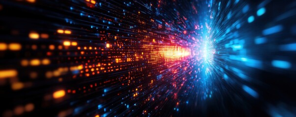 Fototapeta premium A vibrant abstract scene showcasing dynamic light trails in blue and orange, representing motion and technological energy.