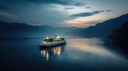 Show a ferry anchored in a serene bay at dusk, with the gentle glow of the setting sun reflecting on the water