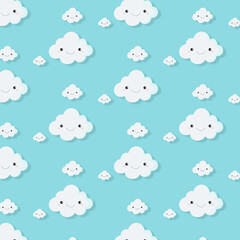 Vector illustration of flat cute white clouds seamless pattern background.