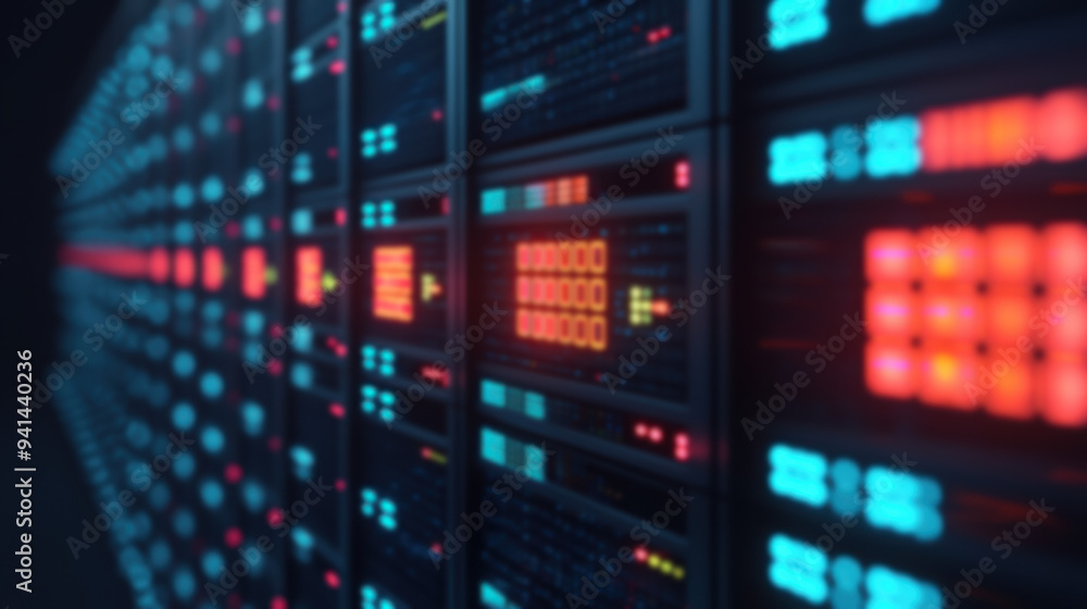 Poster blurred image of illuminated data center servers showcasing technology and network infrastructure wi
