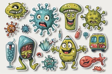 Cartoon-style illustrations of various viruses and bacteria, each with distinct, playful facial expressions and colorful designs.