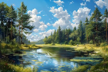 Obraz premium Serene Forest Landscape with Tranquil Waters and Lush Greenery