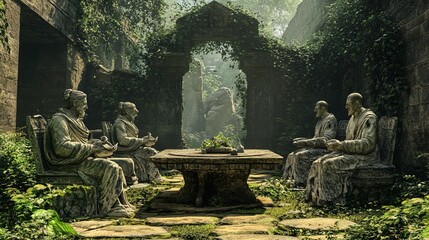 The scene depicts an overgrown, ancient courtyard featuring a stone table surrounded by four...