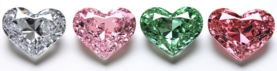 Fototapeta premium A row of four heart-shaped gemstones in different colors, including pink, green, and red, displayed on a white background. 