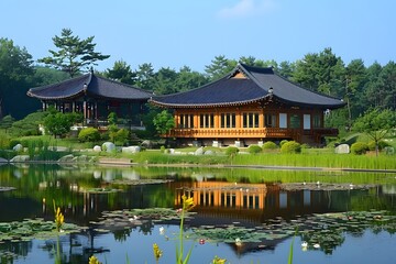 Fototapeta premium Serene Reflection of Traditional Architecture in a Tranquil Garden Setting