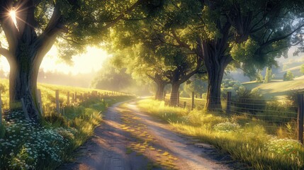 Show a serene sunny day on a quiet rural road, with sunlight streaming through trees, casting long shadows on the road,