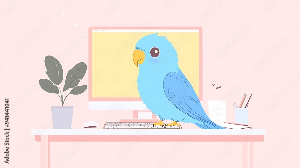 Poster curious blue parrot in minimalist workspace illustration with keyboard and notepad on desk
